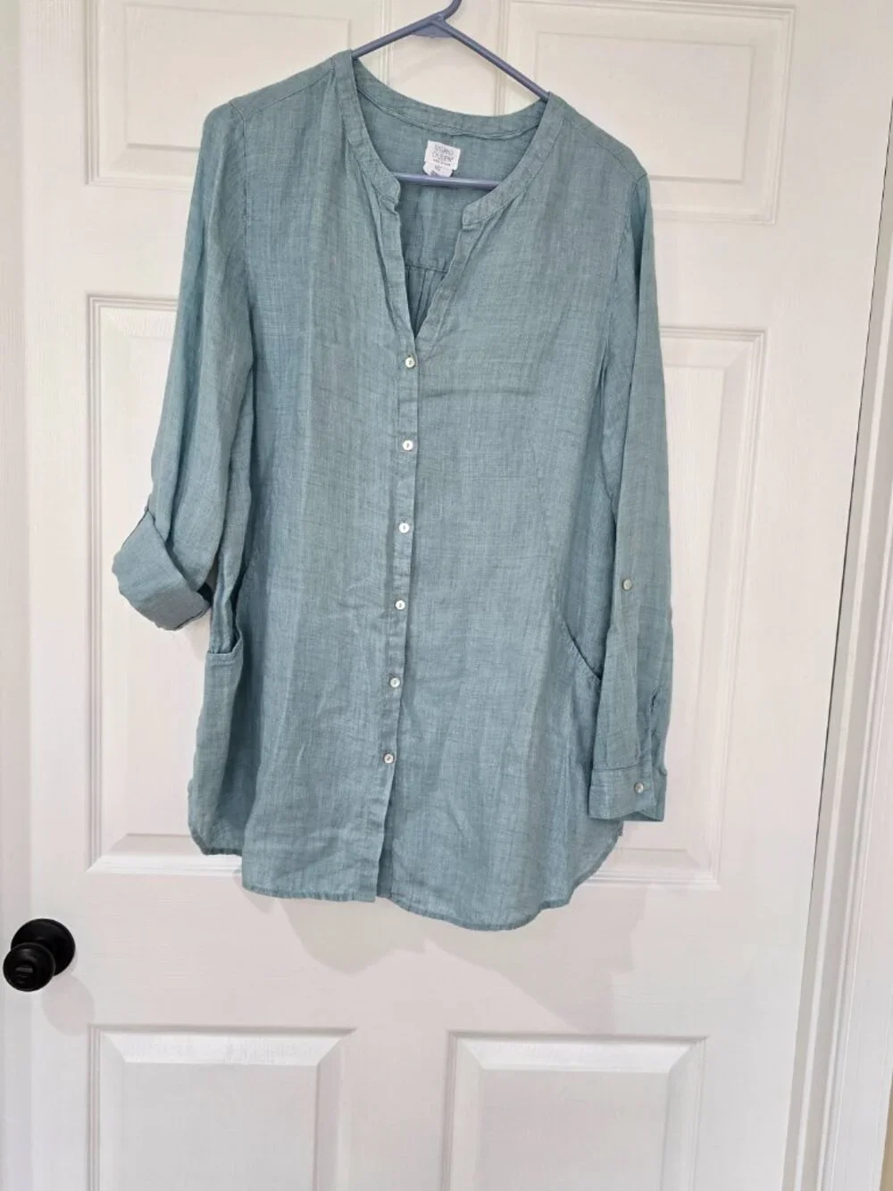 Sigrid Olsen Women's 100% Linen Shirt Button Down Roll Tab Sleeve Aqua Blue Sz L - Picture 2 of 8
